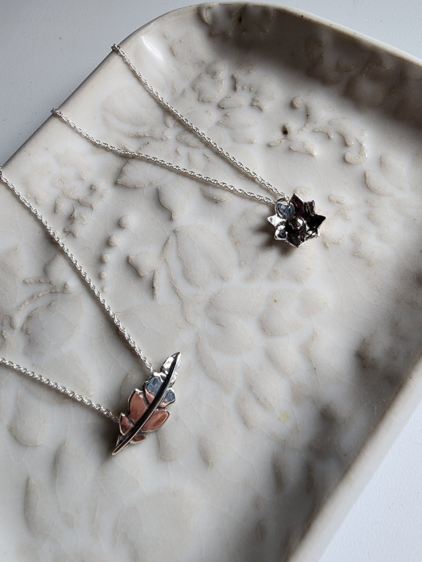 silver leaf necklace, small handmade leaf necklace with vines and stem, hidden clasp for necklace