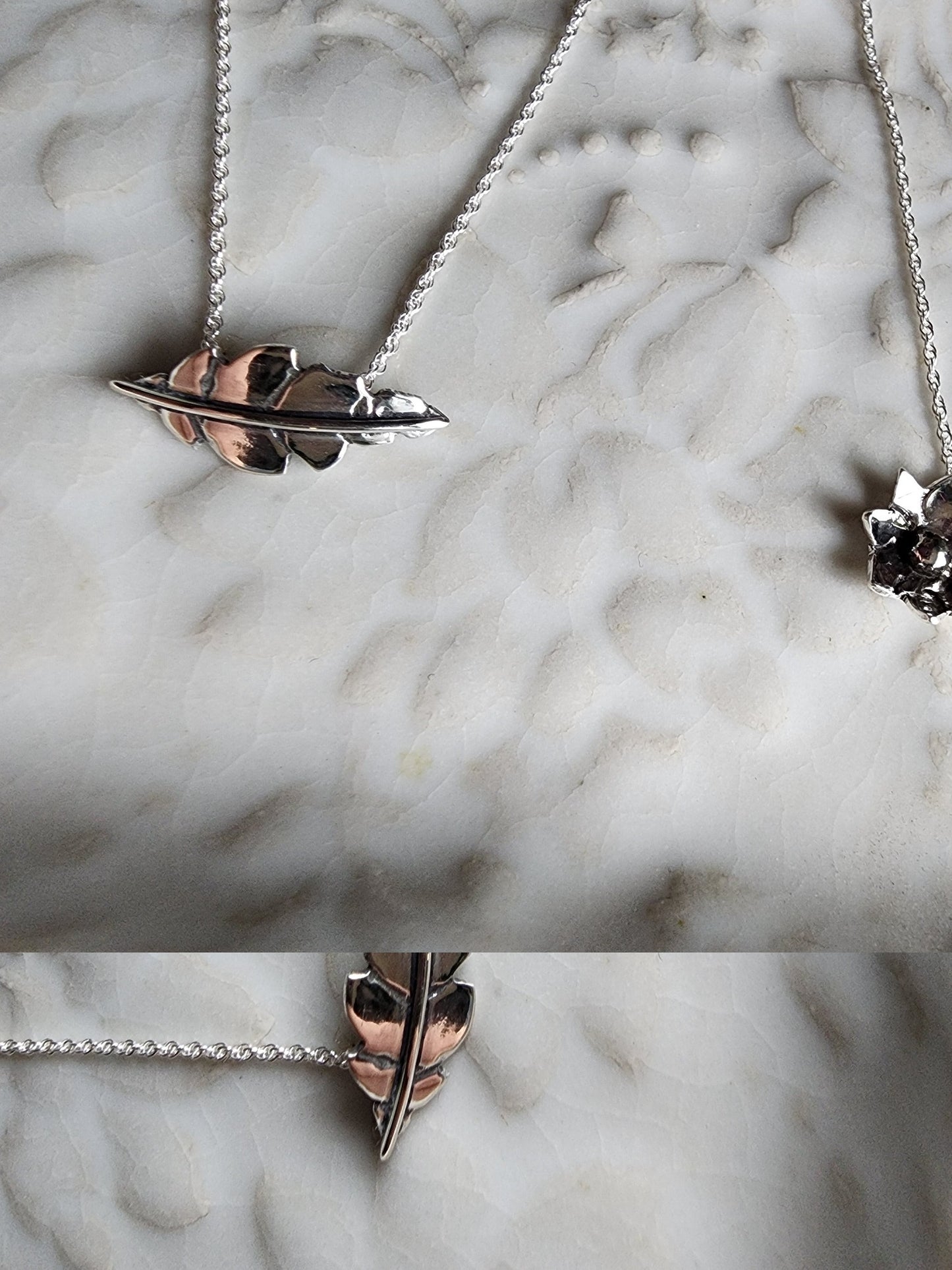 silver leaf necklace, small handmade leaf necklace with vines and stem, hidden clasp for necklace