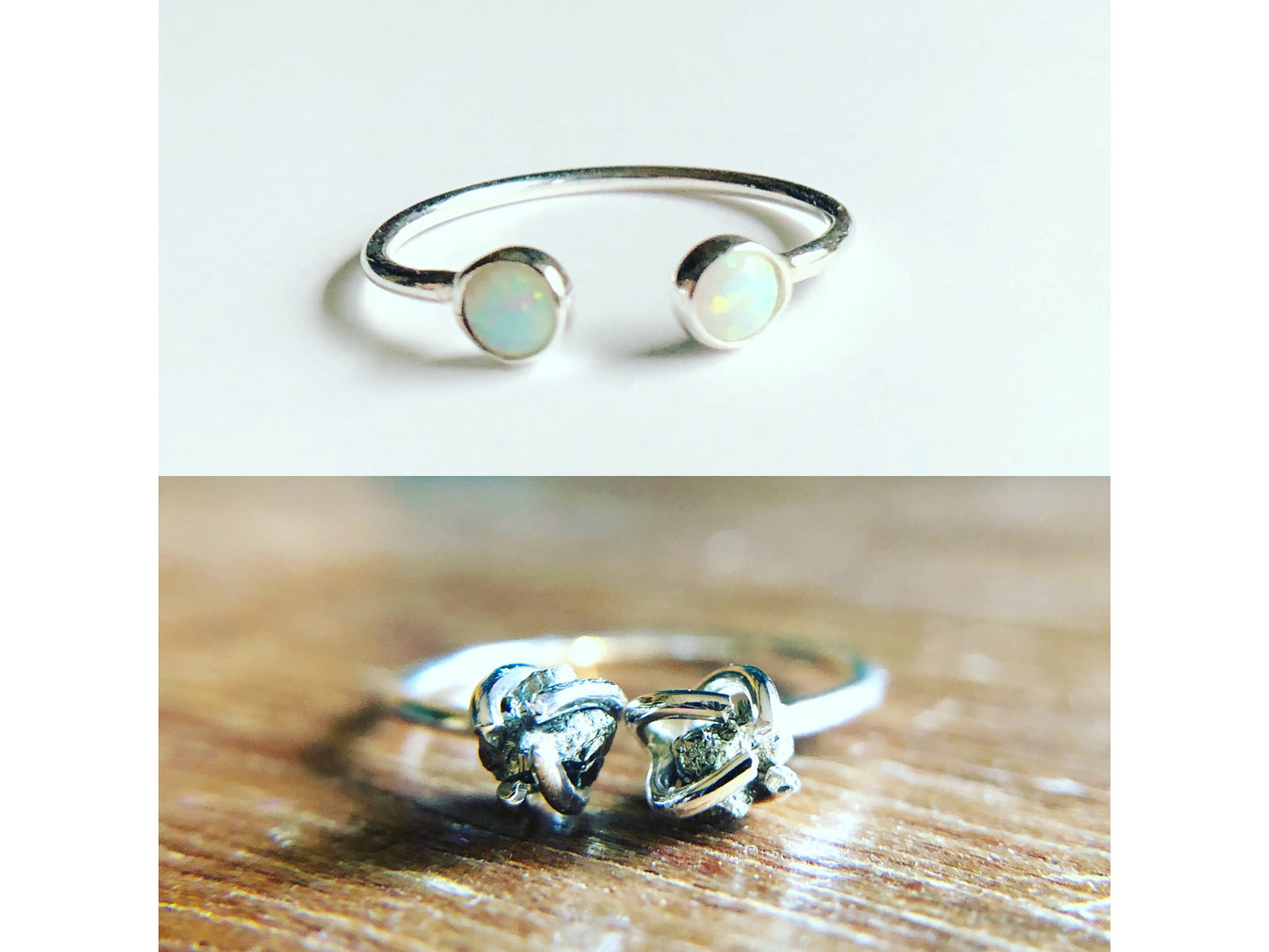 Two raw stones on left and right side pront set, band is open.