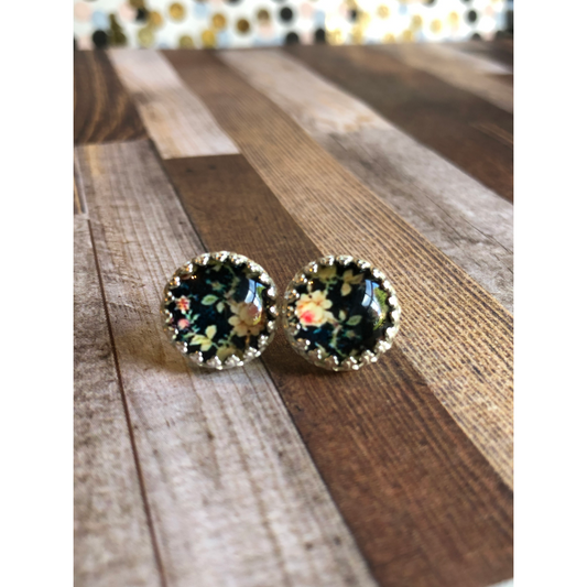 10mm resin black stones with tiny flower pattern in the stone, open back bezel top post not center post