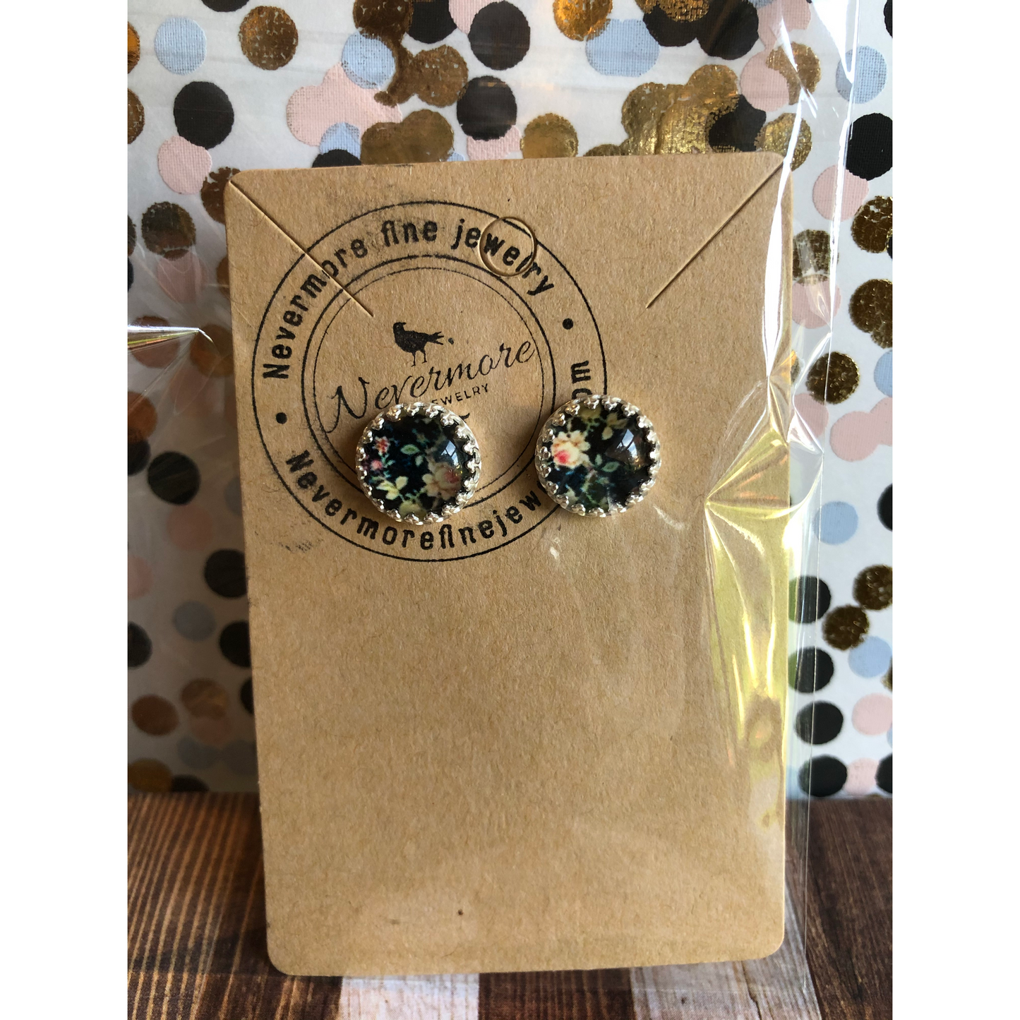 10mm resin black stones with tiny flower pattern in the stone, open back bezel top post not center post