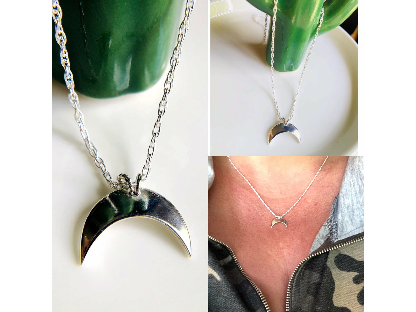 Sterling silver moon shape pointed downward mounted on a stainless steel chain