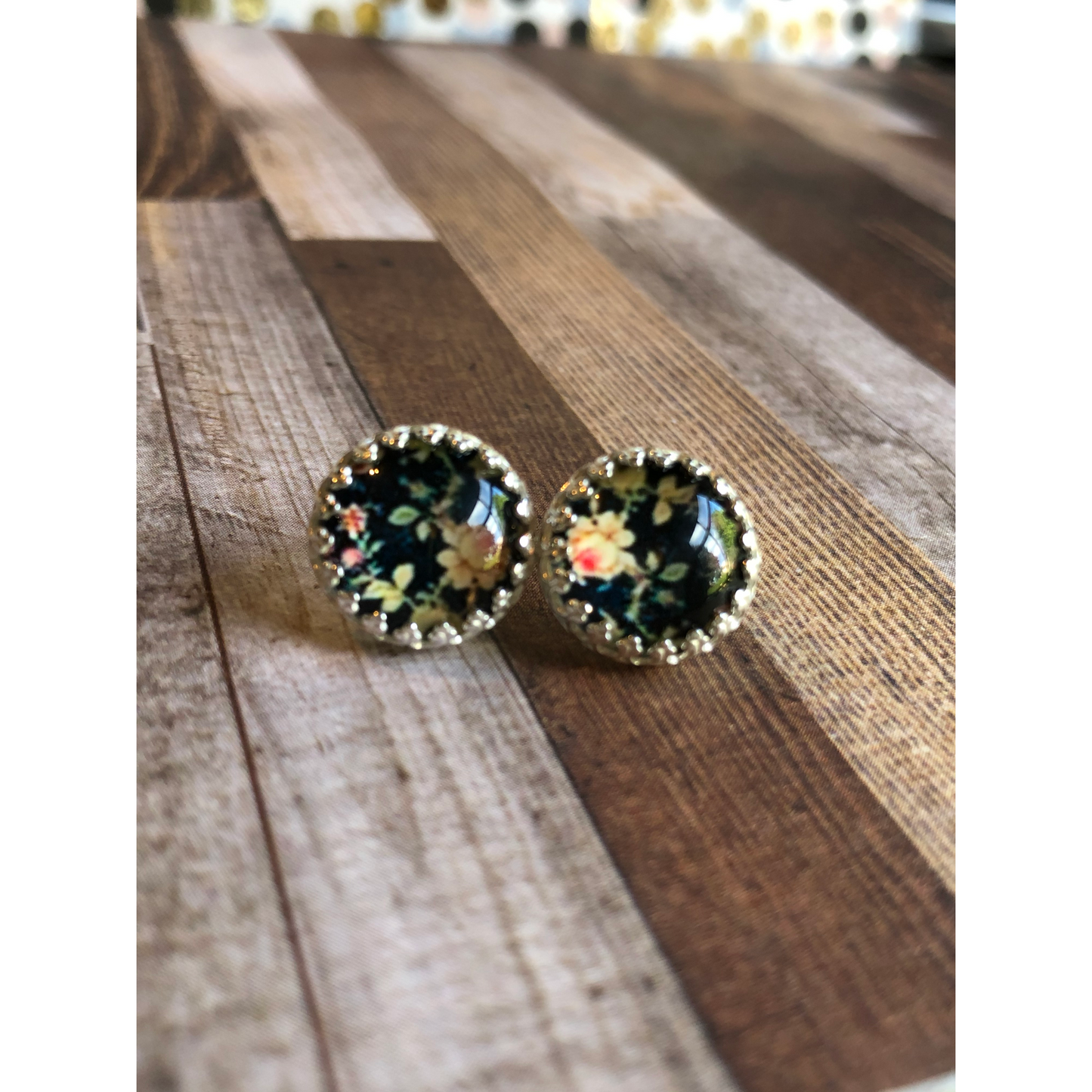 10mm resin black stones with tiny flower pattern in the stone, open back bezel top post not center post