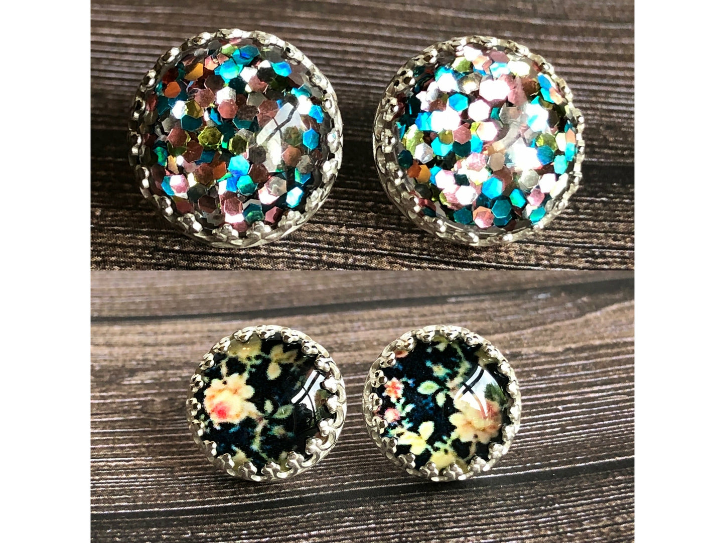 10mm resin black stones with tiny flower pattern in the stone, open back bezel top post not center post
