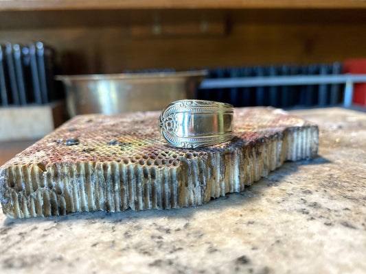 Spoon rings silver plated, spoon cut off just arm of fork is shaped into a ring.