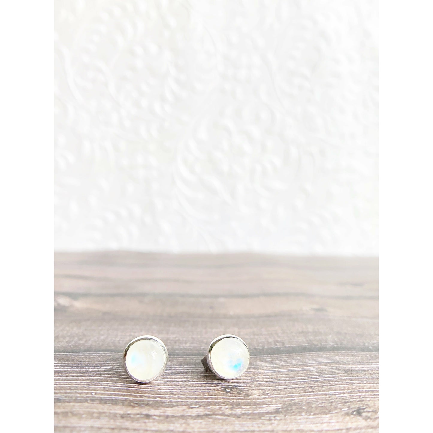 Simple moonstone (clear with blue lines) sterling silver bezel earrings