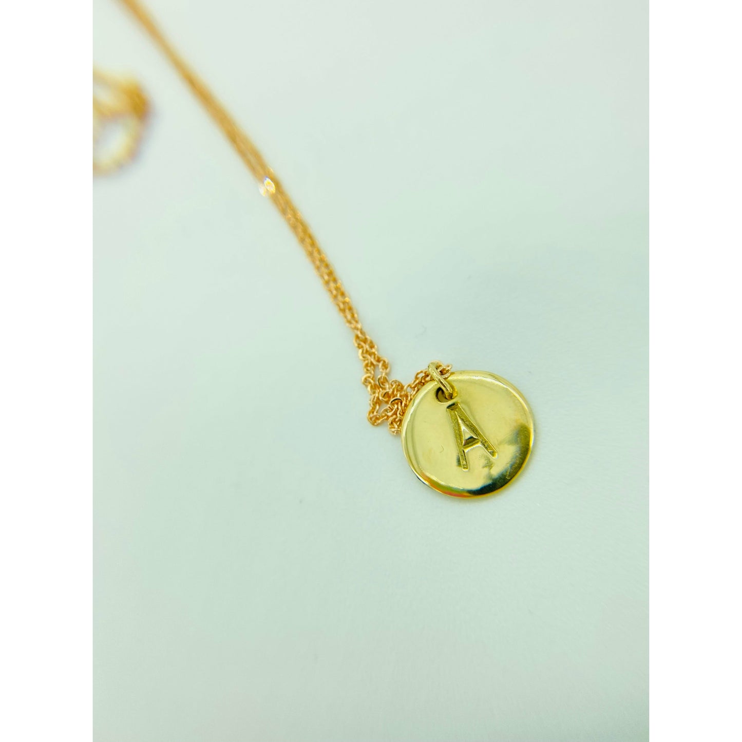 Small gold filled necklace with your choice of initial on a circle cut out. No patina added, gold on gold.