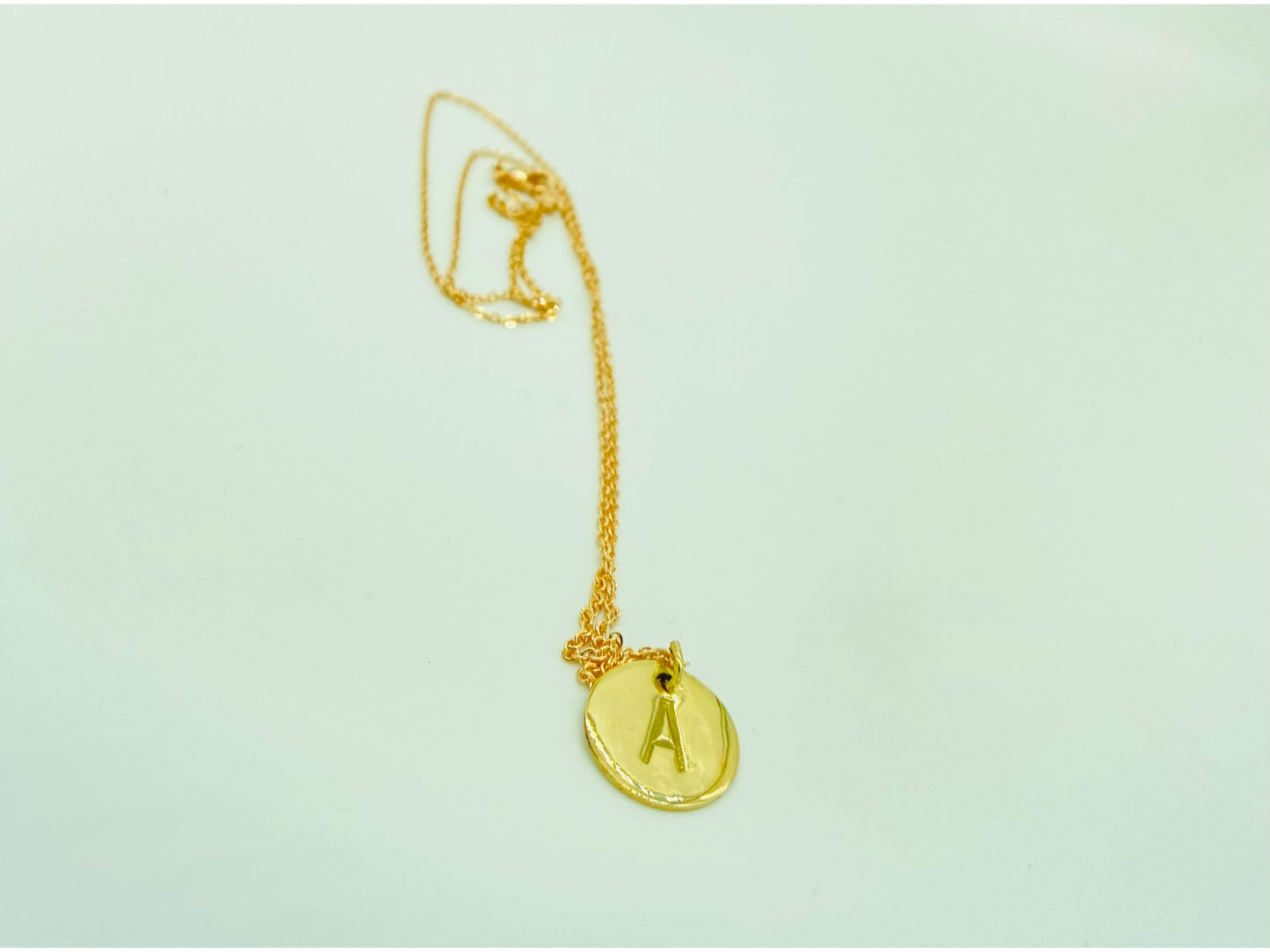 Small gold filled necklace with your choice of initial on a circle cut out. No patina added, gold on gold.