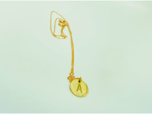 Small gold filled necklace with your choice of initial on a circle cut out. No patina added, gold on gold.