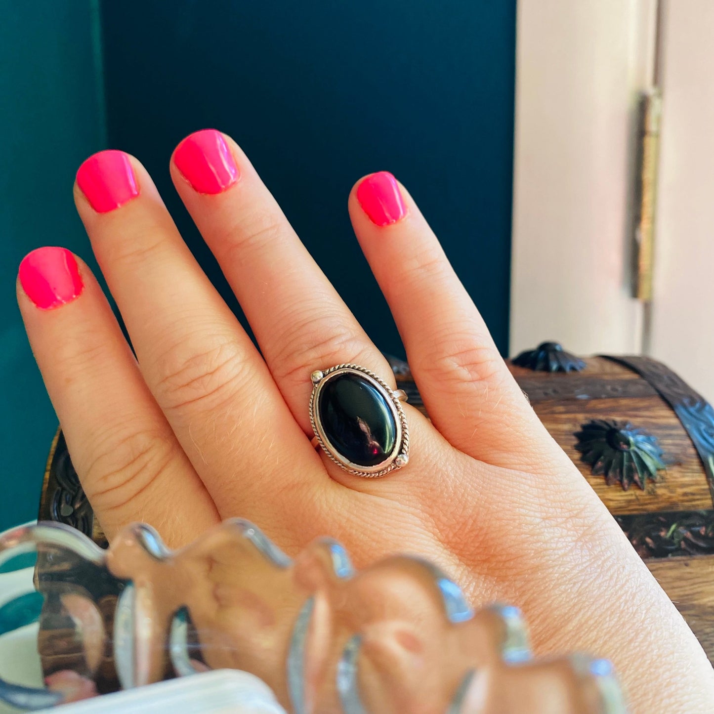 sterling silver onyx statement ring, onyx cabachon with half twisted wire with granulation (tiny dots) offset, statement ring, simple band