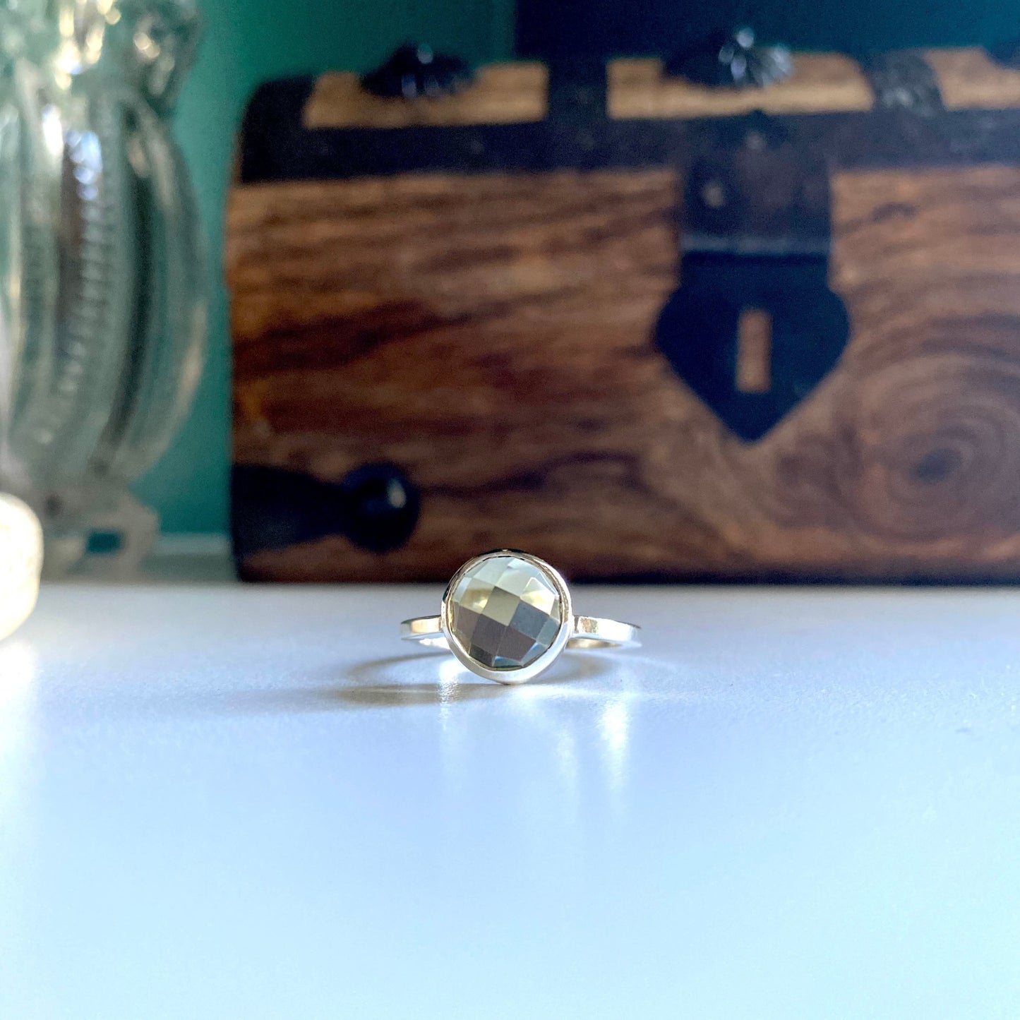 Lemon quartz small stackable ring, yellow stone with straight squared band