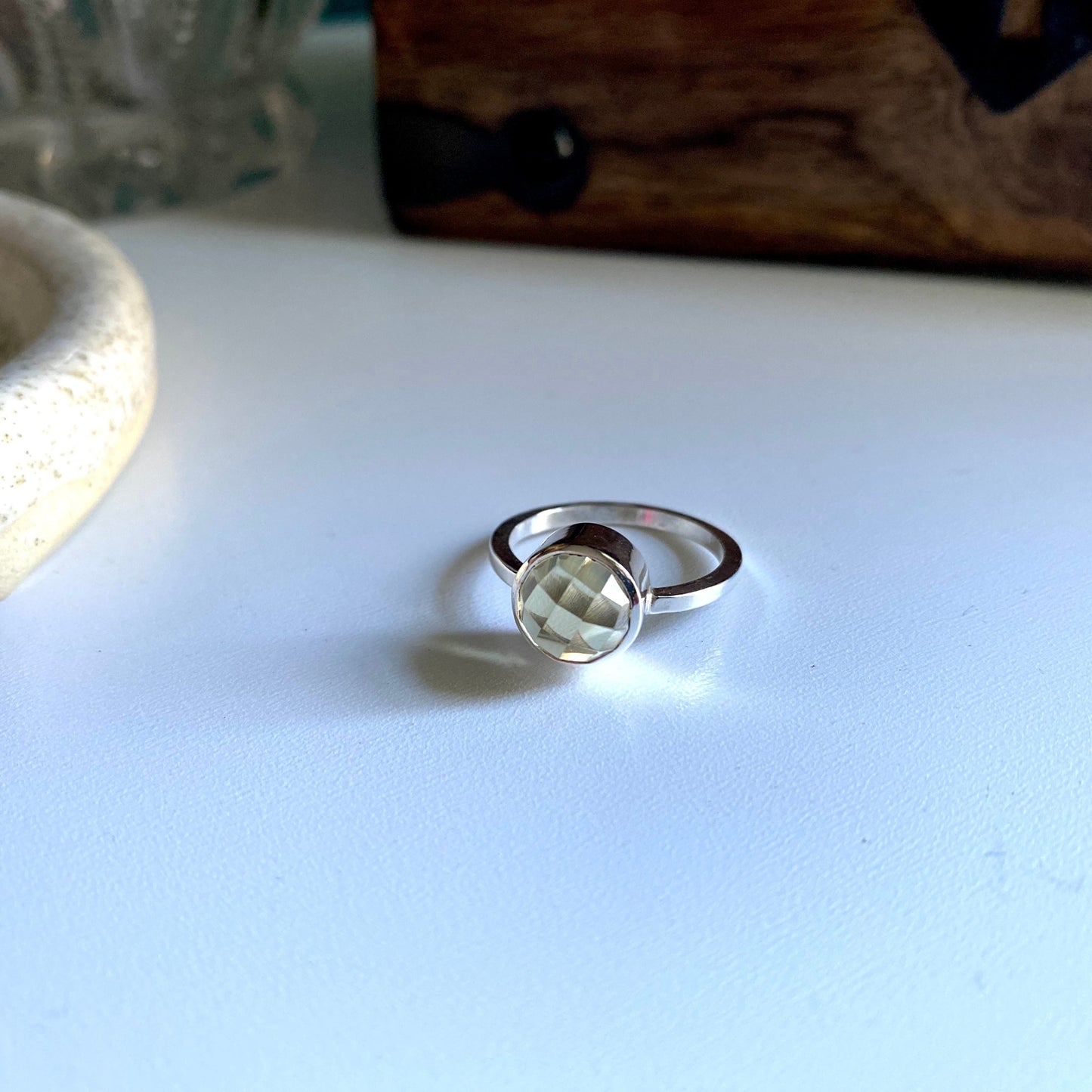 Lemon quartz small stackable ring, yellow stone with straight squared band