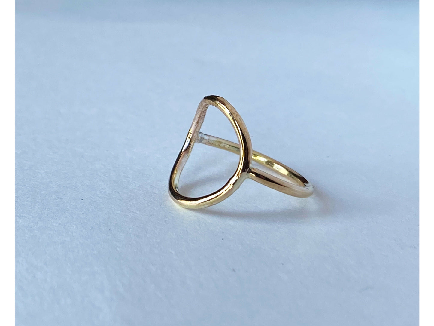 Circle ring in either silver or gold. Band meets the circle on the left and right size, open circle no back.