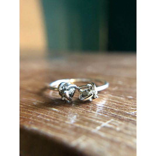 Two raw stones on left and right side pront set, band is open.