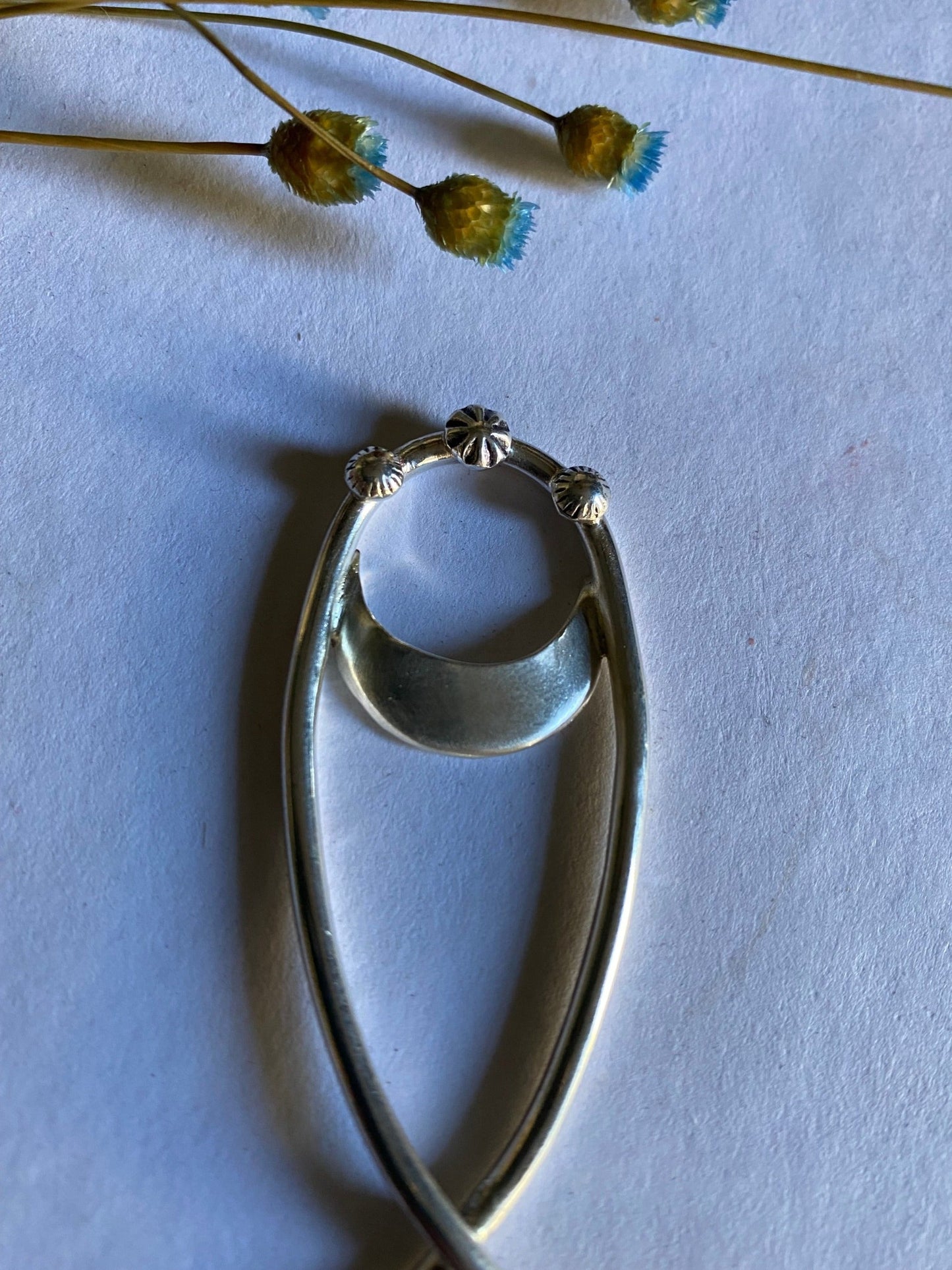 Vintage inspired hair fork with half moon & tiny bits of flower shaped granulation