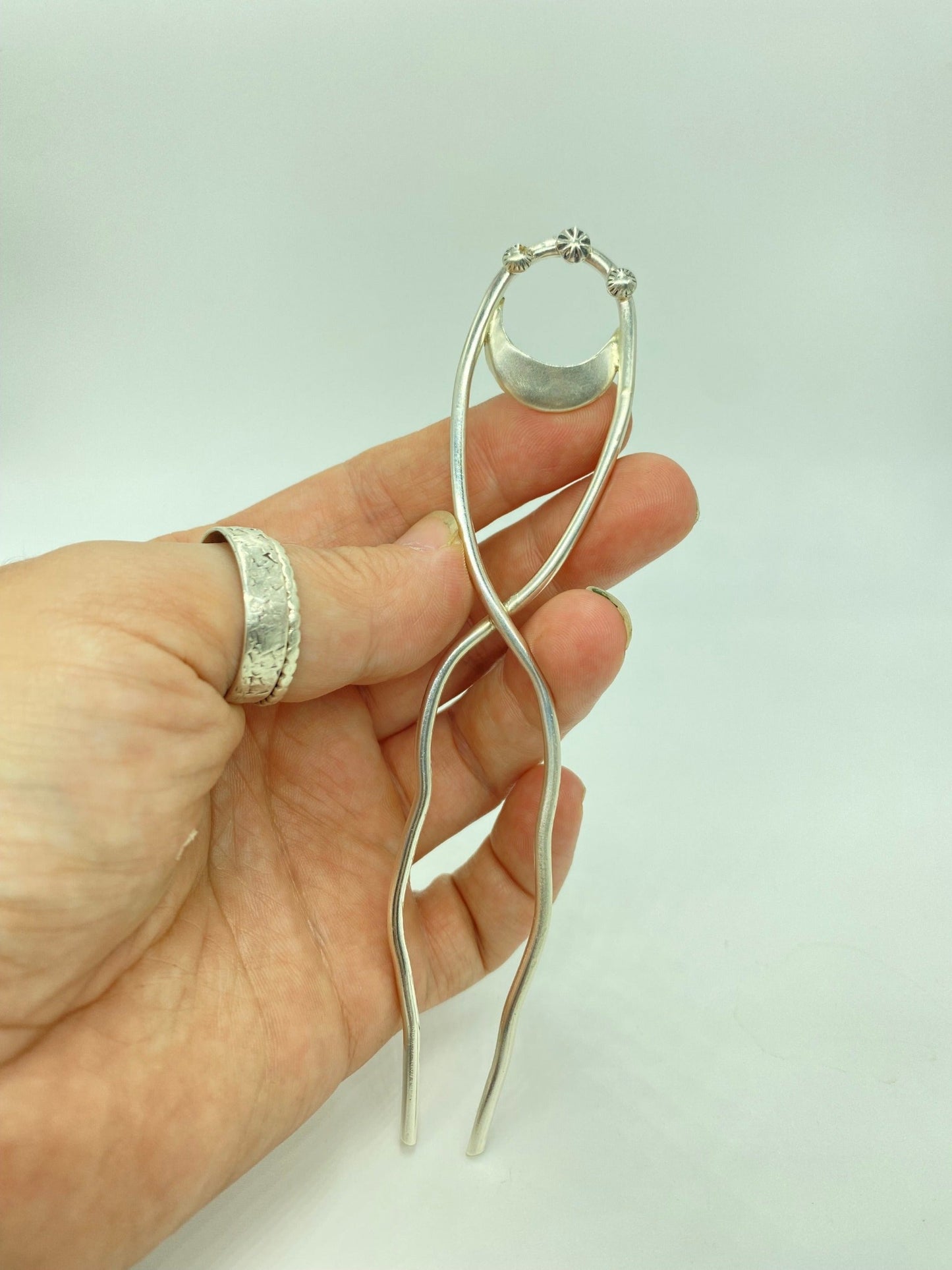 Vintage inspired hair fork with half moon & tiny bits of flower shaped granulation