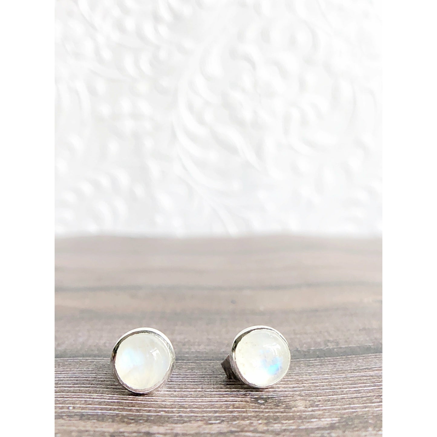 Simple moonstone (clear with blue lines) sterling silver bezel earrings