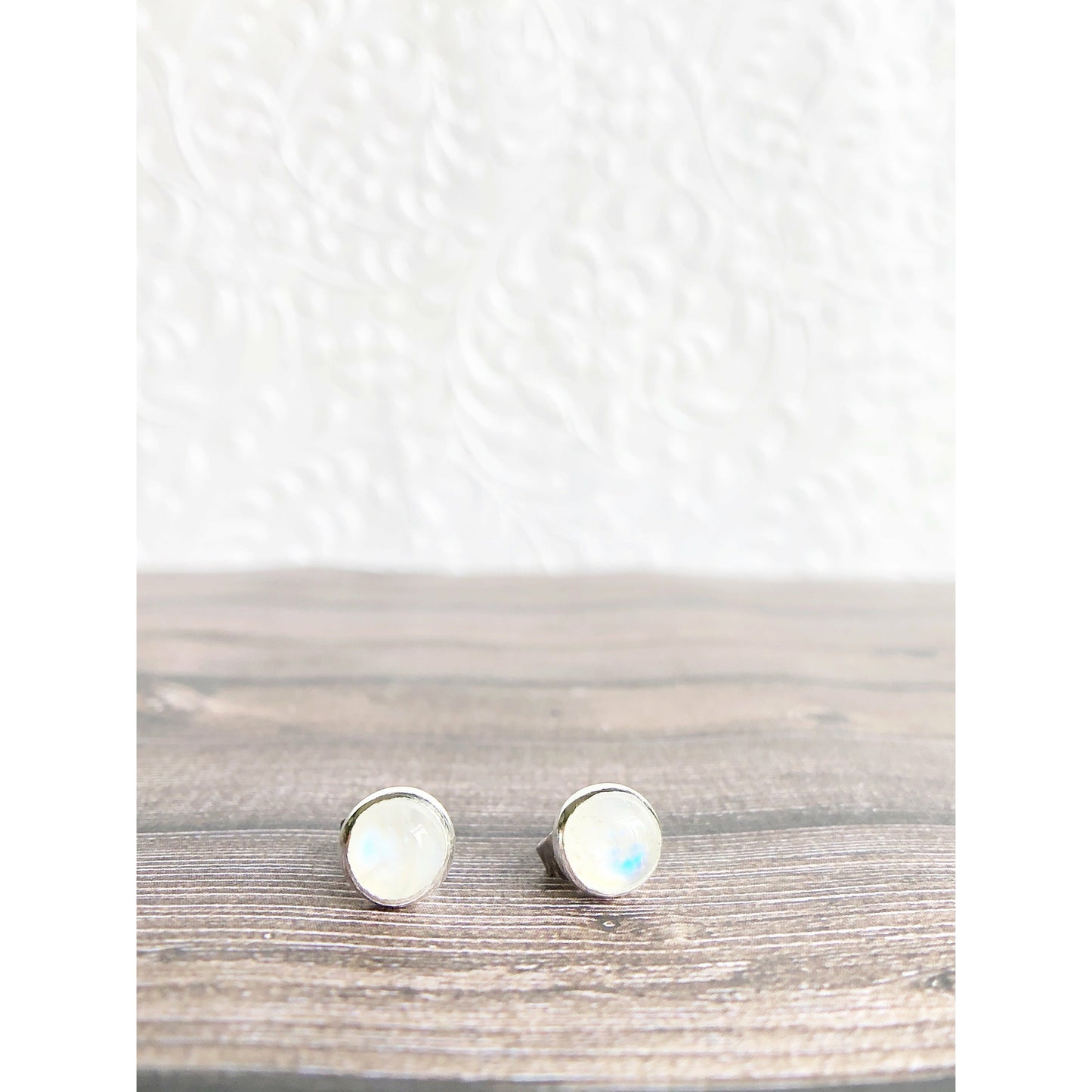 Simple moonstone (clear with blue lines) sterling silver bezel earrings