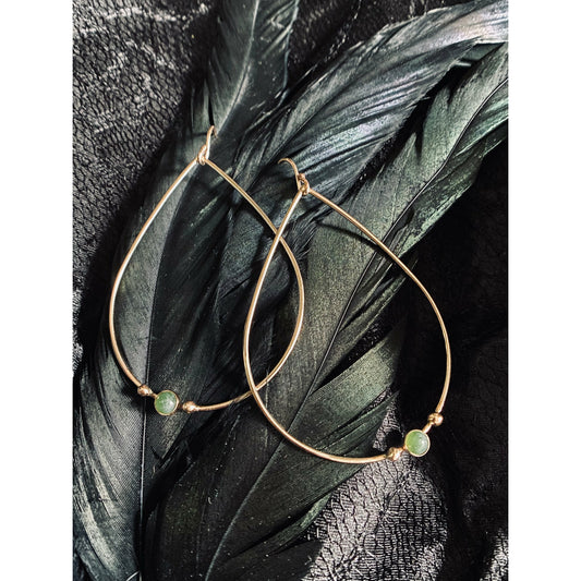 Teardrop gold or silver earrings with two dots of silver or gold offset to the left with a jade 3mm stone. Offset to the right in the right earring