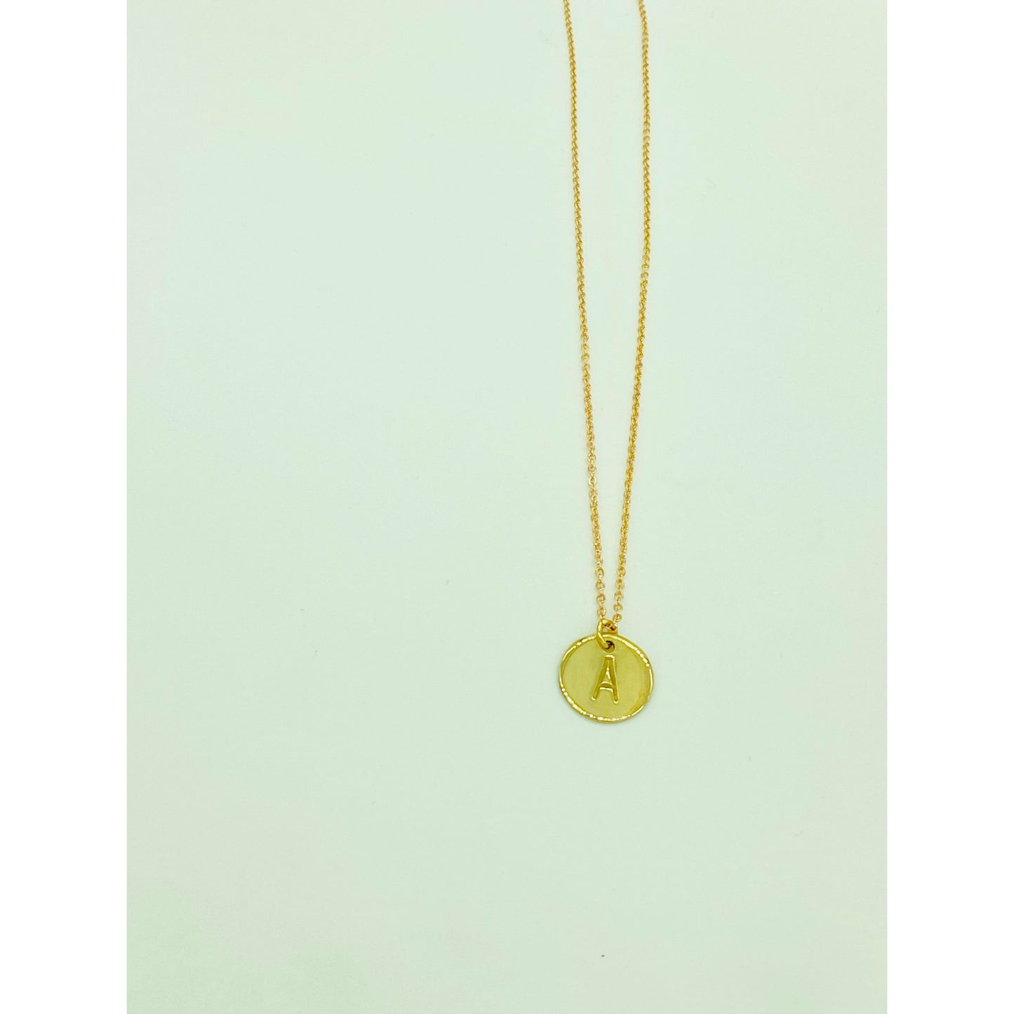 Small gold filled necklace with your choice of initial on a circle cut out. No patina added, gold on gold.