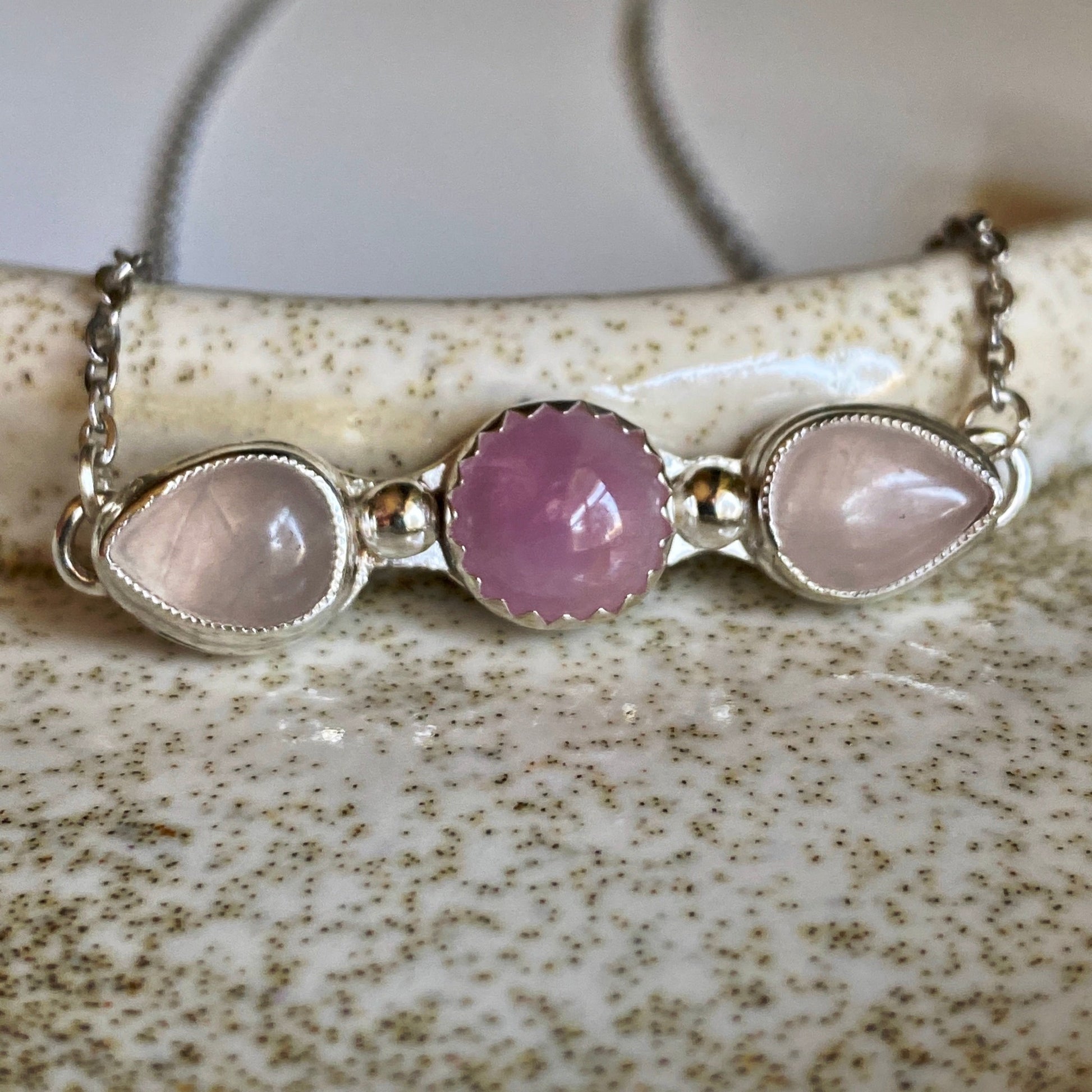Pink and white chalcedony triple stone necklace